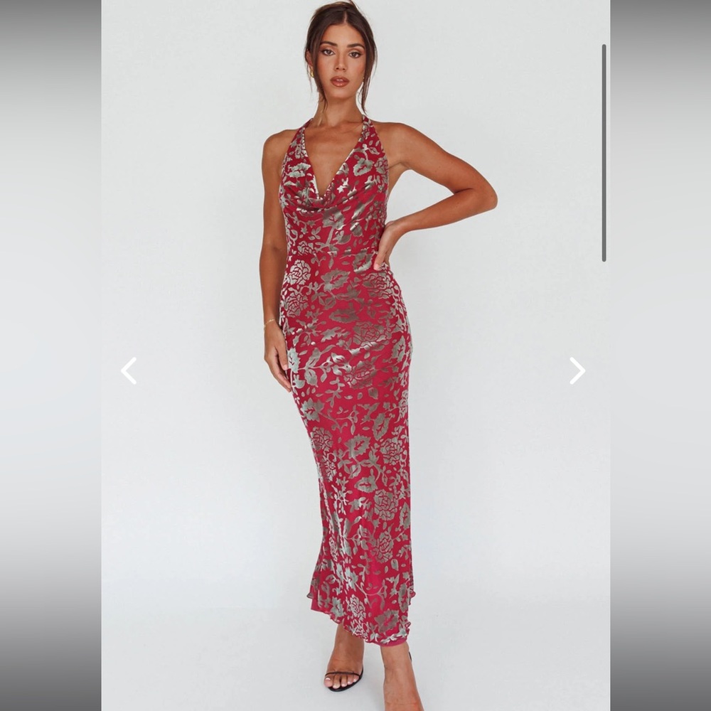Saints & Secrets Wine & Silver Velvet Halter Midi Dress